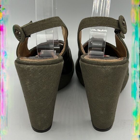 Marni Green Canvas & Brown Leather Peep Toe Slingback Platform Heels EU 40 US 10 - Picture 4 of 12